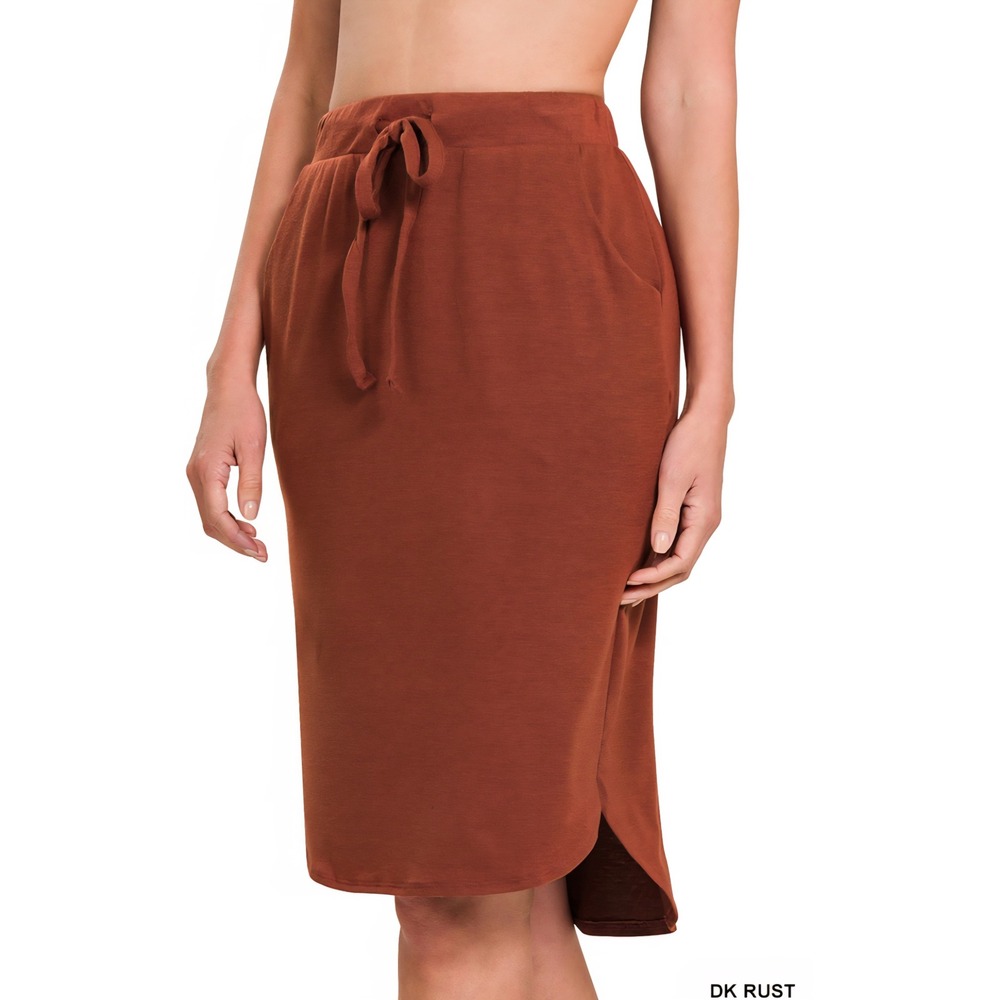 Zenana Dark Rust Tulip‎ Hem Midi Skirt with Pockets – Self Tie Waist